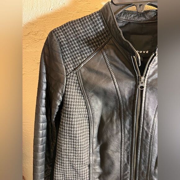 Trouve Black Quilted Bomber Jacket leather houndstooth zip up moto classic S - Picture 6 of 15